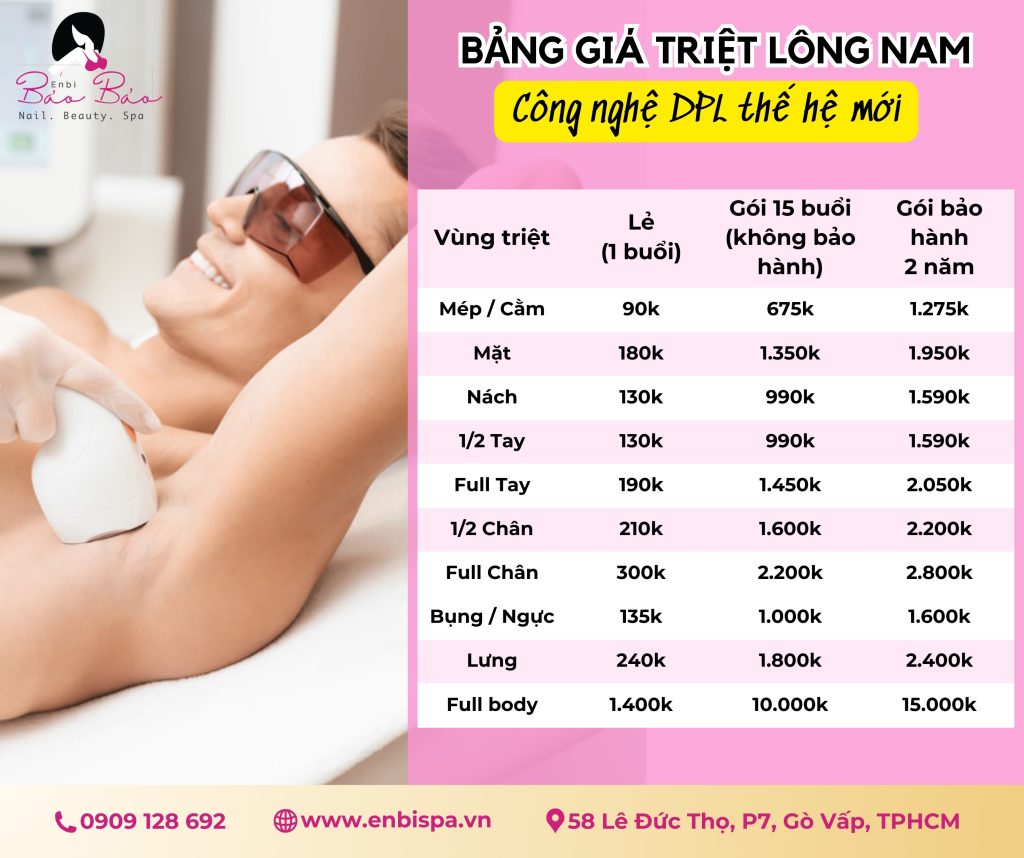 Bảng giá triệt lông vĩnh viễn cho nam tại Enbi Bảo Bảo spa